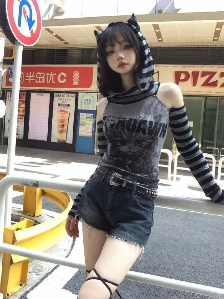 Japanese Striped Patchwork Hoodie for Women Gothic Retro Cat Print Slimming Pullover Harajuku Style