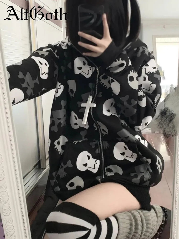 AltGoth Skull Printed Long Sleeve Zipper Sweatshirt Hoodie