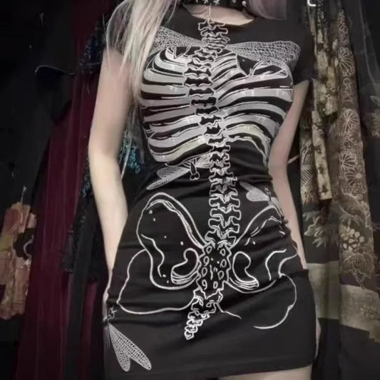 Sexy Mini Hip Wrap Goth Skeleton Print Dress