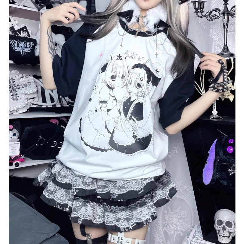 Adorable Black & White Short Sleeve T Shirt Goth Harajuku Tees