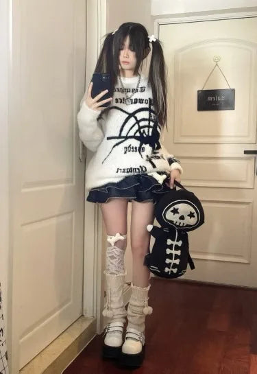 Girls Punk White Velvet Spider Pullovers Sweater