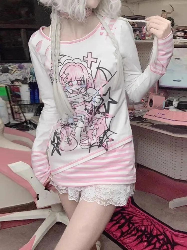 Sweet Cool Striped Patchwork Subculture Long Sleeve Long T-Shirt