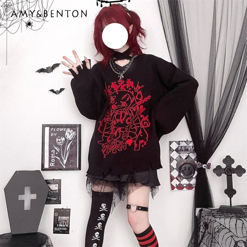 New Goth Style Anime Print V-Neck Pullover Sweater