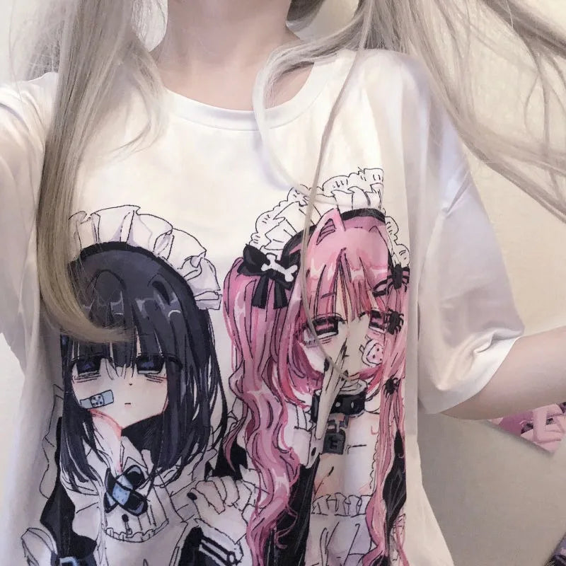 Japanese Tees for Girls Summer 2023 New Subculture Loose Popular New Pulovers White Y2k Short Sleeve T-shirt Anime Girl Top