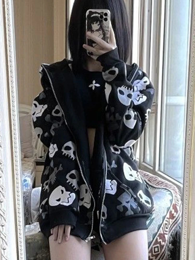 AltGoth Skull Printed Long Sleeve Zipper Sweatshirt Hoodie