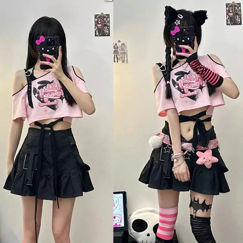 Original Style Pink Print Japanese Kawaii Girls Top Cute Blouse